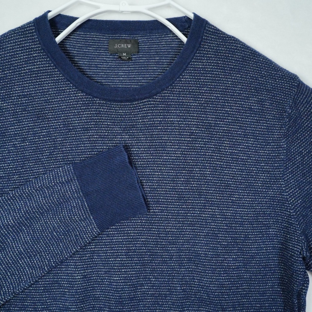 J.Crew Mens Navy Blue White Micro Stripe Cotton Cashmere Crewneck Sweater Size M